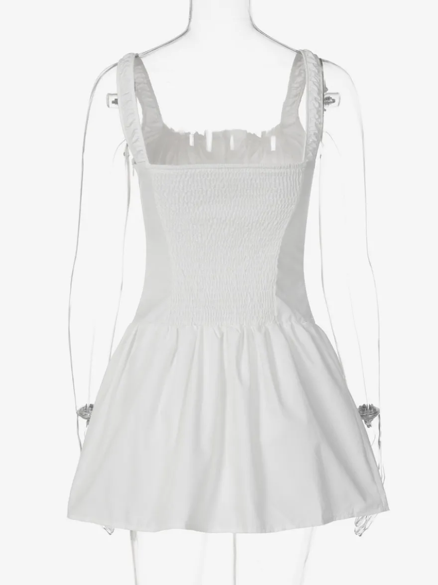 Robe de soirée mini blanche à bretelles col lacé sans manches plissée style décontracté semi-formel