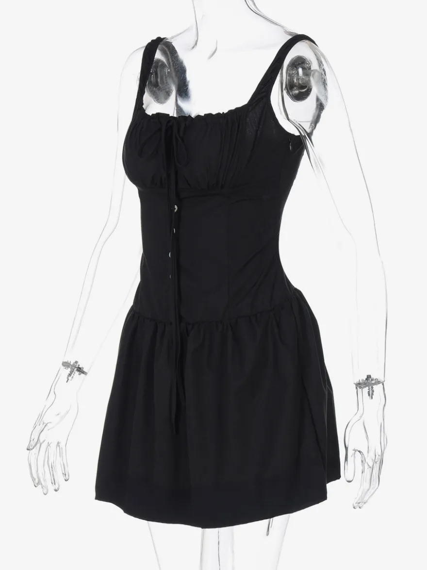 Robe de soirée mini blanche à bretelles col lacé sans manches plissée style décontracté semi-formel