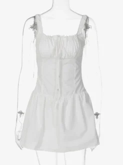 Robe de soirée mini blanche à bretelles col lacé sans manches plissée style décontracté semi-formel