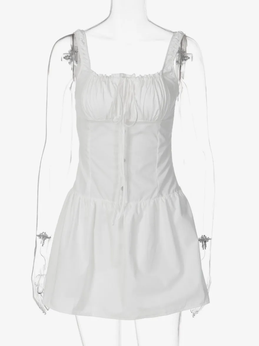 Robe de soirée mini blanche à bretelles col lacé sans manches plissée style décontracté semi-formel