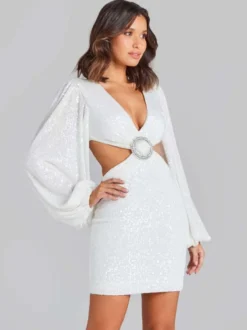 Robe de soirée mini blanche à sequins col V manches longues croisées bouffantes style décontracté/semi-formel