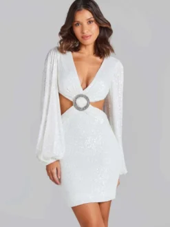 Robe de soirée mini blanche à sequins col V manches longues croisées bouffantes style décontracté/semi-formel