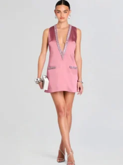 Robe de soirée mini bleu marine foncé à col en V ornée de strass sans manches sexy et semi-formelle