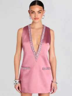 Robe de soirée mini bleu marine foncé à col en V ornée de strass sans manches sexy et semi-formelle