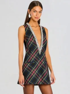 Robe de soirée mini bleu marine foncé à col en V ornée de strass sans manches sexy et semi-formelle