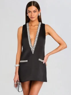 Robe de soirée mini bleu marine foncé à col en V ornée de strass sans manches sexy et semi-formelle