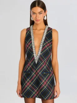 Robe de soirée mini bleu marine foncé à col en V ornée de strass sans manches sexy et semi-formelle
