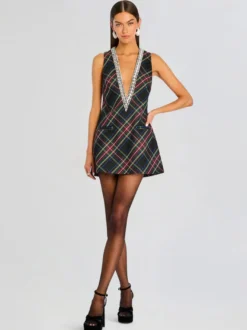 Robe de soirée mini bleu marine foncé à col en V ornée de strass sans manches sexy et semi-formelle