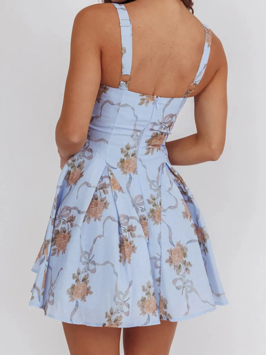 Robe de soirée mini dos nu à œillets et fermeture éclair sans manches à imprimé floral et col carré robe chic
