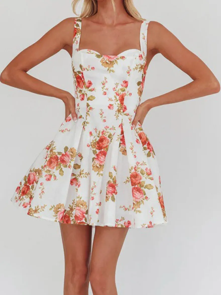 Robe de soirée mini dos nu à œillets et fermeture éclair sans manches à imprimé floral et col carré robe chic