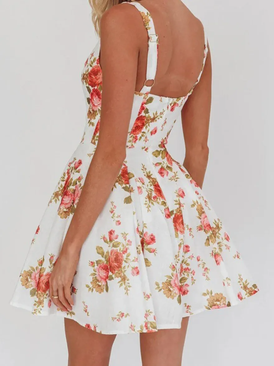 Robe de soirée mini dos nu à œillets et fermeture éclair sans manches à imprimé floral et col carré robe chic