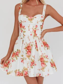 Robe de soirée mini dos nu à œillets et fermeture éclair sans manches à imprimé floral et col carré robe chic