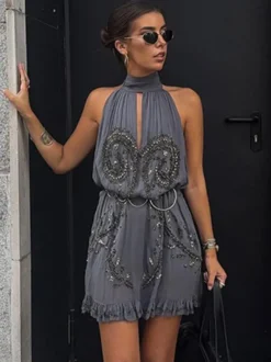 Robe de soirée mini dos nu à lacets sans manches robe sexy semi-formelle