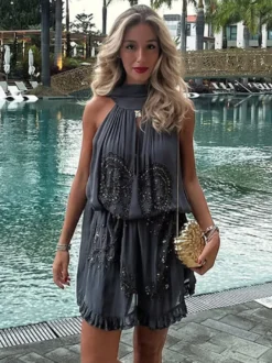 Robe de soirée mini dos nu à lacets sans manches robe sexy semi-formelle