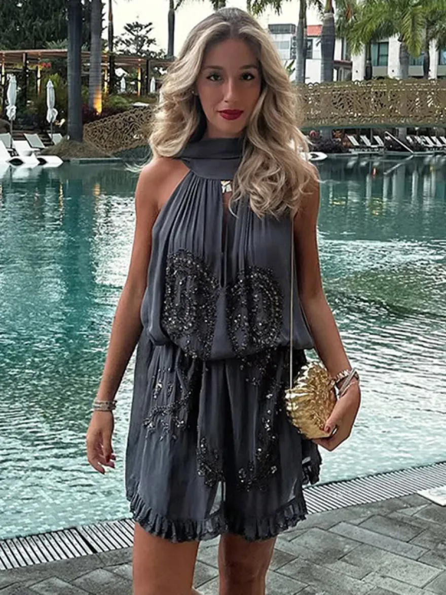 Robe de soirée mini dos nu à lacets sans manches robe sexy semi-formelle