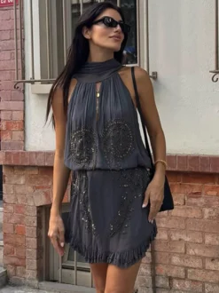Robe de soirée mini dos nu à lacets sans manches robe sexy semi-formelle
