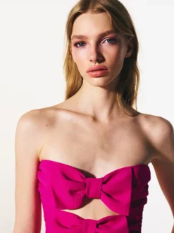 Robe de soirée mini dos nu à nœuds fermeture éclair sans manches bustier élégante robe rose