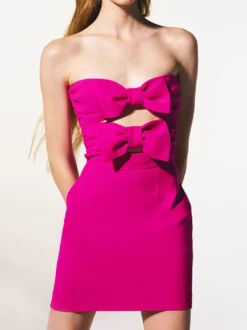 Robe de soirée mini dos nu à nœuds fermeture éclair sans manches bustier élégante robe rose
