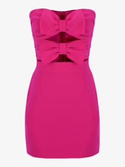 Robe de soirée mini dos nu à nœuds fermeture éclair sans manches bustier élégante robe rose