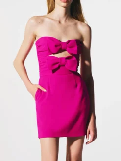 Robe de soirée mini dos nu à nœuds fermeture éclair sans manches bustier élégante robe rose