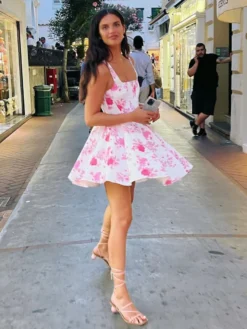 Robe de soirée mini dos nu plissée sans manches à imprimé floral et col carré sexy