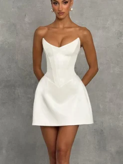 Robe de soirée mini gainante sans manches bustier corset à lacets dans le dos robe de mariée en satin
