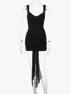Robe de soirée mini noire à bretelles col en dentelle sans manches et dos nu style décontracté/semi-formel