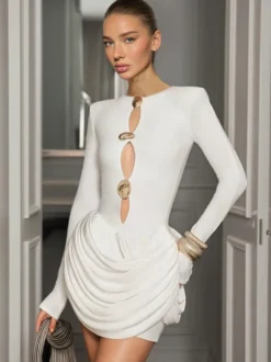 Robe de soirée mini noire à col bijou et manches longues découpées robe sexy semi-formelle