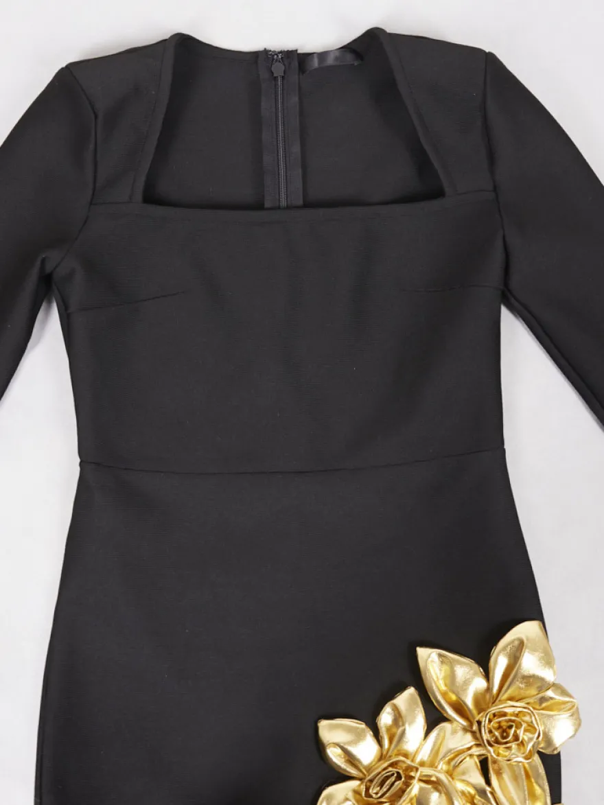 Robe de soirée mini noire à col rond et manches longues ornée de fleurs style semi-formel et sexy