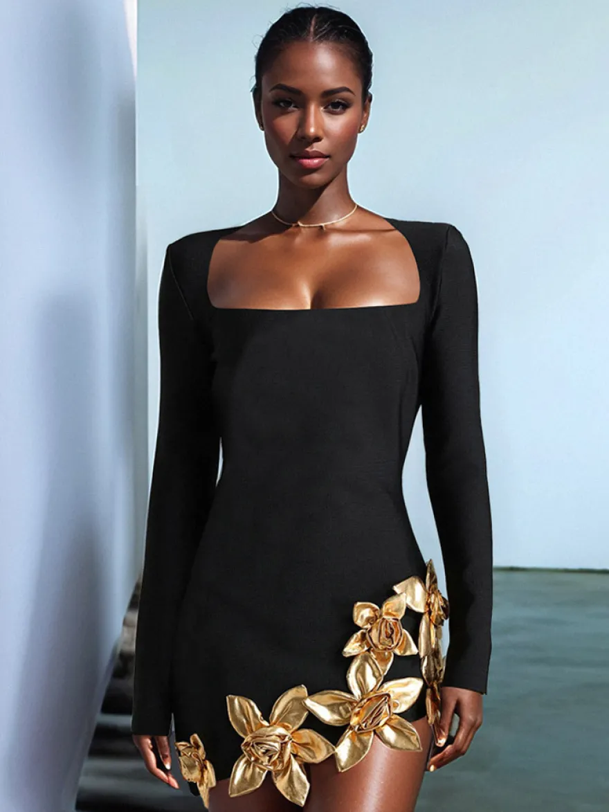 Robe de soirée mini noire à col rond et manches longues ornée de fleurs style semi-formel et sexy