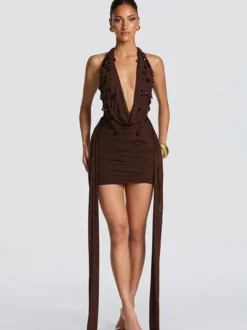 Robe de soirée mini noire à col V lacé sans manches dos nu robe sexy semi-formelle