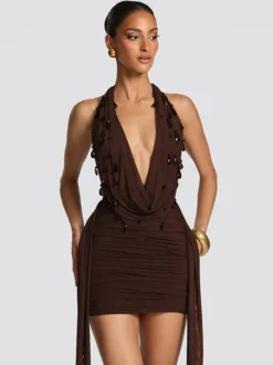 Robe de soirée mini noire à col V lacé sans manches dos nu robe sexy semi-formelle