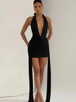 Robe de soirée mini noire à col V lacé sans manches dos nu robe sexy semi-formelle