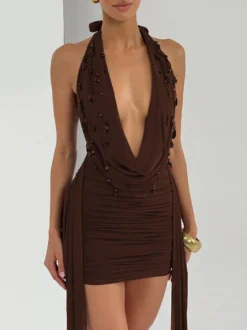 Robe de soirée mini noire à col V lacé sans manches dos nu robe sexy semi-formelle