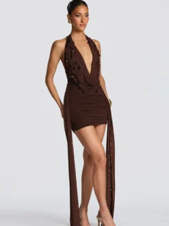 Robe de soirée mini noire à col V lacé sans manches dos nu robe sexy semi-formelle