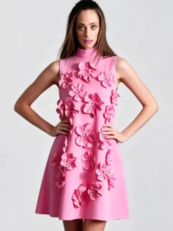 Robe de soirée mini rose à col montant fleuri sans manches style décontracté semi-formel