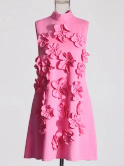 Robe de soirée mini rose à col montant fleuri sans manches style décontracté semi-formel