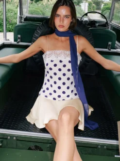 Robe de soirée mini sans manches à pois bretelles décolleté sexy robe bleue