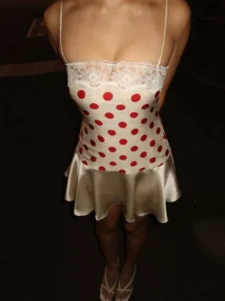 Robe de soirée mini sans manches à pois bretelles décolleté sexy robe bleue