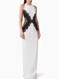 Robe de soirée moulante à col halter empiècements en dentelle noire robe longue blanche dos nu fendue robe de soirée moulante