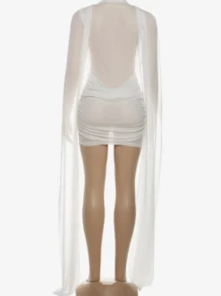 Robe de soirée moulante en tulle à col drapé et manches longues cape dos nu transparent style club