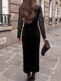 Robe de soirée moulante en velours à manches longues et col en V dentelle et dentelle
