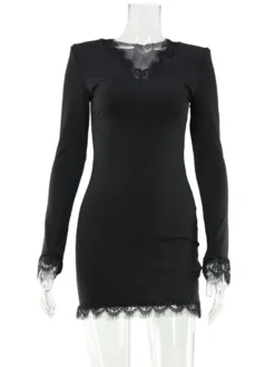 Robe de soirée moulante mini à manches longues et col en V ornée de dentelle pour femme 2026