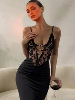 Robe de soirée noire à dos croisé et découpes en dentelle robe longue pour boîte de nuit