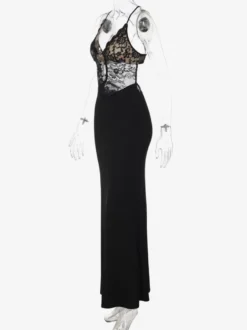 Robe de soirée noire à dos croisé et découpes en dentelle robe longue pour boîte de nuit