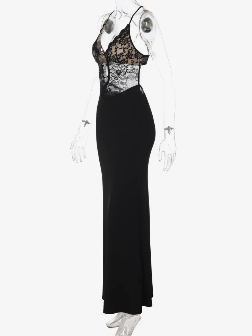 Robe de soirée noire à dos croisé et découpes en dentelle robe longue pour boîte de nuit