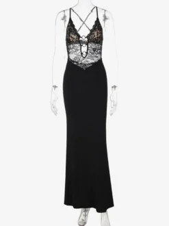 Robe de soirée noire à dos croisé et découpes en dentelle robe longue pour boîte de nuit