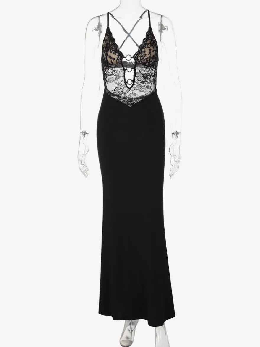 Robe de soirée noire à dos croisé et découpes en dentelle robe longue pour boîte de nuit