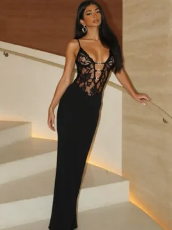 Robe de soirée noire à dos croisé et découpes en dentelle robe longue pour boîte de nuit