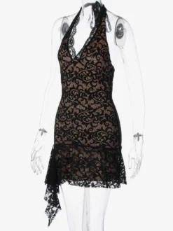 Robe de soirée noire en dentelle dos nu décolleté en V profond mini-robe moulante à volants tenue idéale pour les fêtes en boîte de nuit